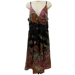 CASSEE'S Sundress Size 2X Colorful Gems Pink Black Pull-On V-Neck Smocked Back